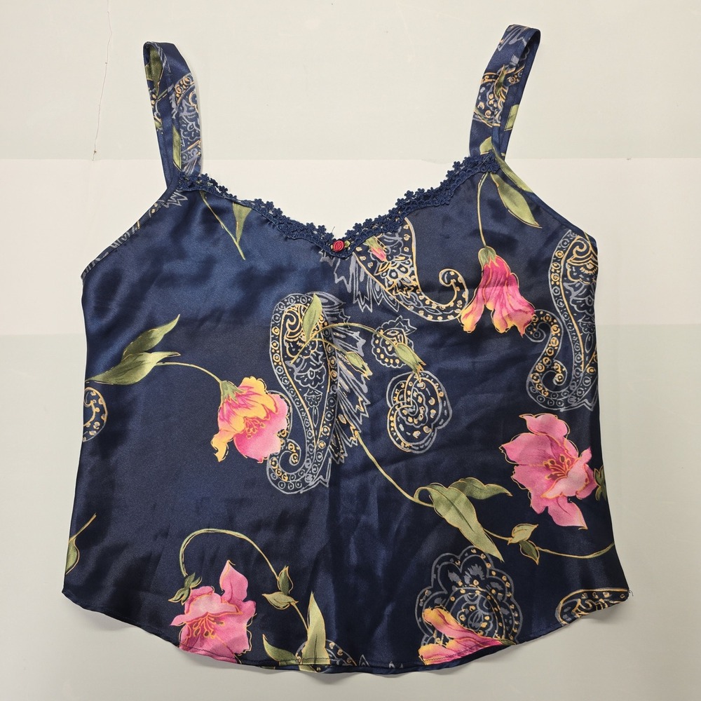 Vintage California Dynasty Navy Blue Floral Paisley Satin Cami Tank Top Small